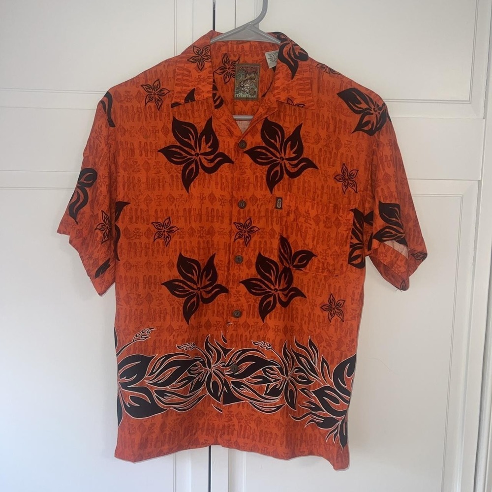 Pineapple Connection Mens Orange Hawaiian Shirt Floral Hibiscus Rayon Small